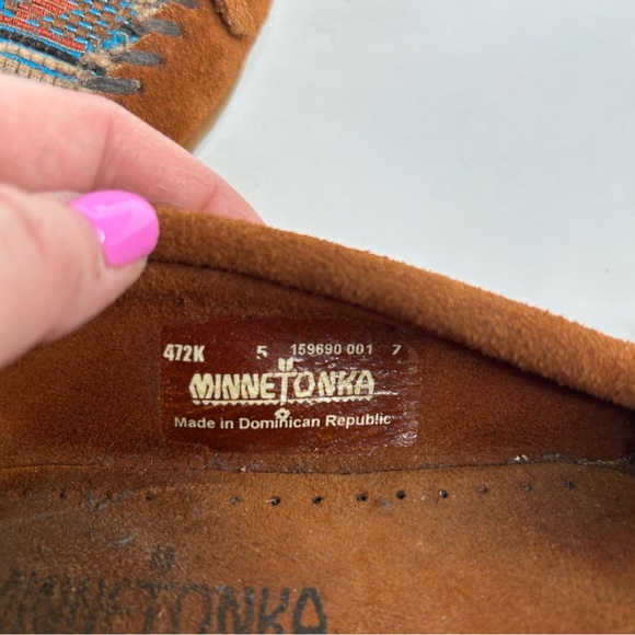 Minnetonka El Paso Moccasin Flat Southwestern Tapestry Soft Genuine Brown Suede - Picture 11 of 12